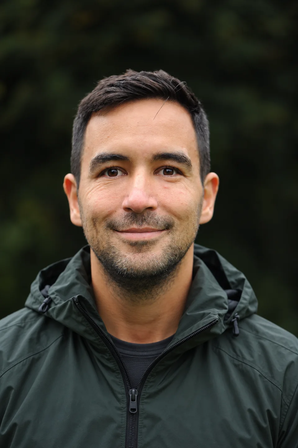 Cihan Aydin in dunkler Funktionsjacke vor einem ruhigen, grünen Hintergrund