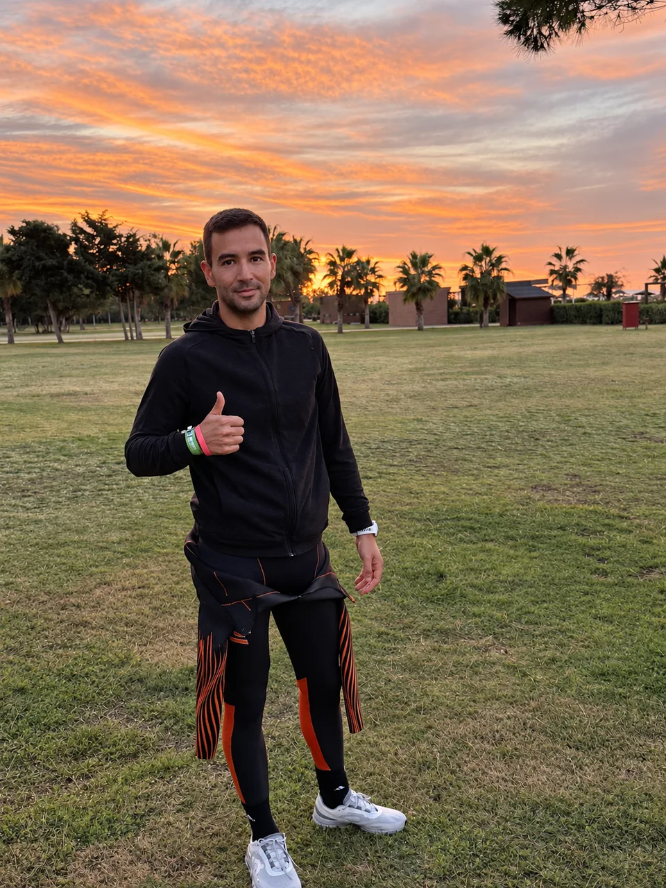 Cihan Aydin in seiner Triathlon-Ausrüstung im warmen Abendlicht
